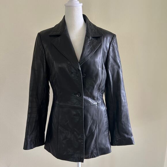 Anonymous John Carslisle Leather Jacket Women SZPM Black 3 Button Classic Blazer - Picture 1 of 12